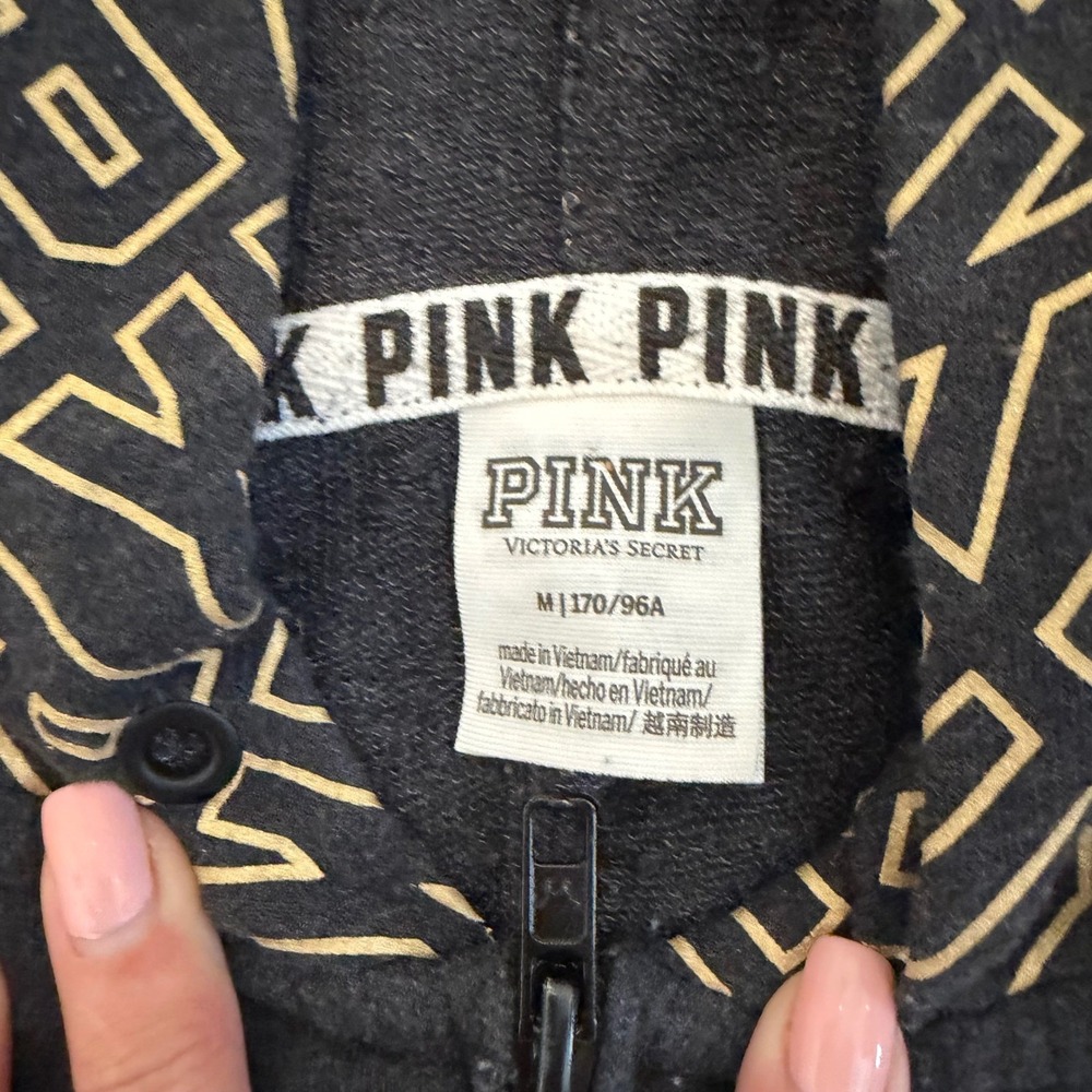 Victoria's Secret PINK Black Gold Sequin Sleeve Full Zip Hoodie Sweatshirt Sz M - Picture 2 of 4